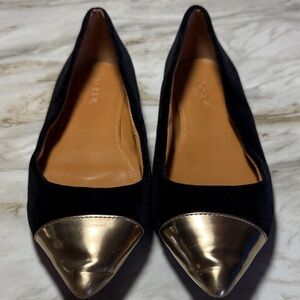 J. Crew Black and Gold Pointed Flats